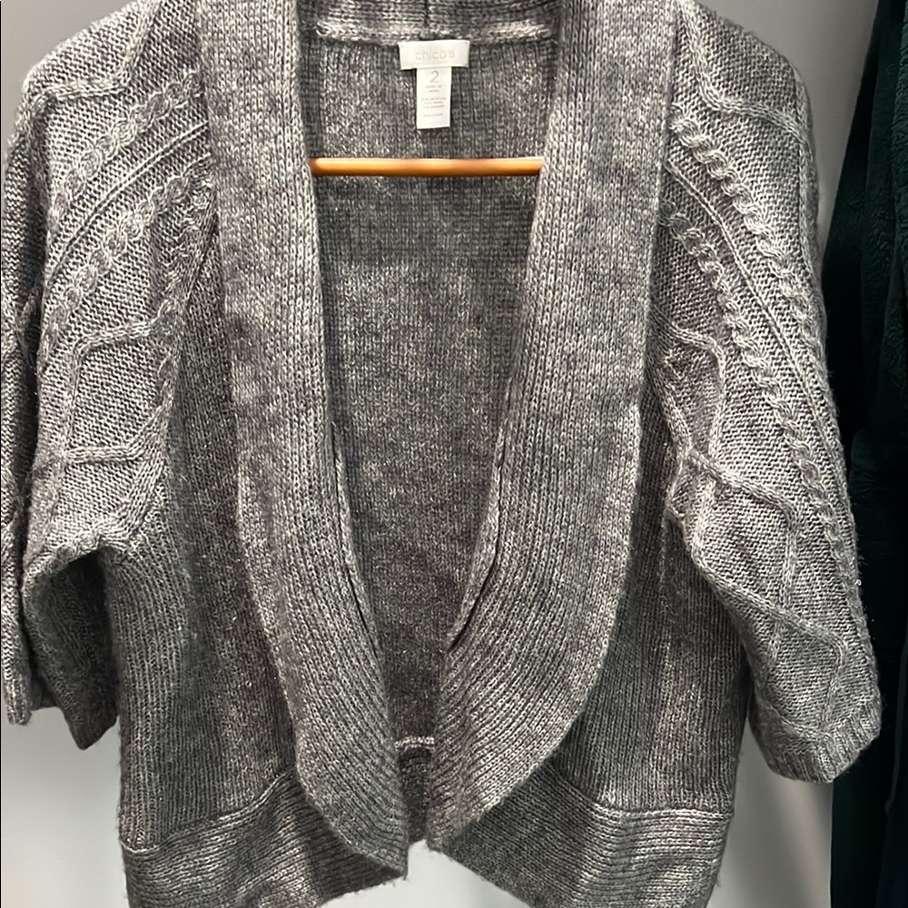 Chico's Gray Open-Front Cardigan with Chunky Knit and Draped Collar